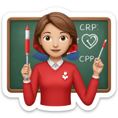Happy Teacher, female, brown hair up, wearing a red long sleeve top holding a pointer stick to a white board with a CPR logo. sticker