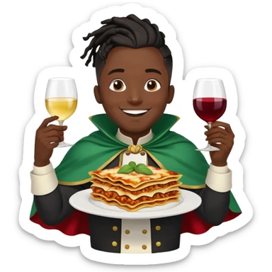  High fade widows peak ponytail dreadlock male black hair dark skin smiling and nigerian cape lasagna and wine while flying through the air sticker