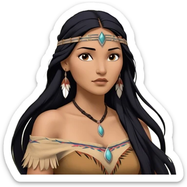 Cinematic Realistic Pocahontas Portrait, depicted with lifelike skin texture, soft natural lighting, and intricately detailed long, flowing raven-black hair that moves gracefully in the wind. Her deep, soulful dark brown eyes exude wisdom and strength, complemented by a serene yet powerful expression. She is dressed in her classic one-shoulder native american dress, with rich fabric textures and delicate beaded details that catch the light beautifully. The portrait features a soft, sun-kissed glow with a natural, radiant finish, capturing the essence of untamed beauty and deep connection to nature in a realistic and painterly style, evoking a sense of depth and authenticity. sticker