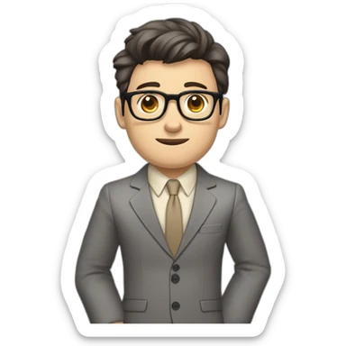 Full height Pale skinned Fit Man With dark brown hair in classic gray suit, beige office shirt, dark gray tie, and vintage glasses. Thrumbs of his palms directed up sticker