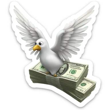 A banded stack of U.S. dollar bills with feather wings, as if flying. sticker