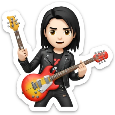 3D Apple-style emoji of a metal musician holding an electric guitar with a bold "ROCK" sign above. Long hair, black leather jacket, ripped jeans, intense expression. Rounded, glossy, smooth, soft shadows, white background.











 sticker