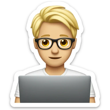 blonde male with glasses hiding behind laptop sticker
