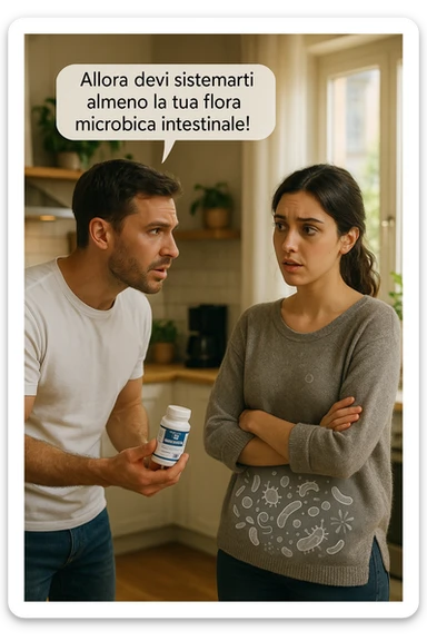A hyper-realistic, cinematic photo of a young couple in their early 30s having a tense but calmer discussion in a bright modern kitchen. The man, fit, wearing a plain white T-shirt, holds a small probiotic supplement bottle in one hand, leaning slightly forward with a concerned yet firm expression, saying: 'Allora devi sistemarti almeno la tua flora microbica intestinale!' The woman, with dark hair in a loose ponytail, wearing a comfortable home sweater, stands with arms partially crossed, looking at him with a doubtful and confused expression, eyebrows slightly raised, lips parted as if about to respond but uncertain. Around them, faint translucent overlays of microscopic gut flora and bacteria symbols swirl softly near the woman’s abdomen, symbolizing the issue of her imbalanced gut microbiome. The kitchen is bathed in warm natural light, with green plants adding a sense of health and life, while the couple remains in sharp focus. The color palette is warm, with soft shadows and shallow depth of field highlighting the emotional tension yet care in the conversation, visually representing the discussion about gut health within the relationship sticker