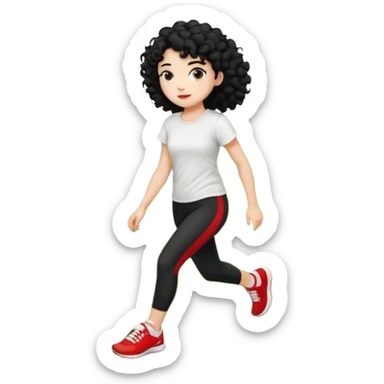 generate a pretty bratz fair skinned girl with curly black hair wearing a white tshirt trekking on a hill with red sneakers on and black leggings sticker