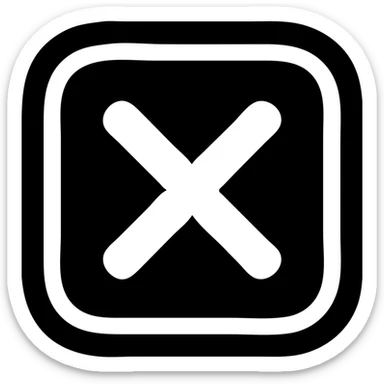 Create a rounded square checkbox icon with a solid black fill, thick white outline, and a bold white X inside. Match the style and contrast of the reference image for high visibility. Ensure no transparency except outside the icon area. sticker