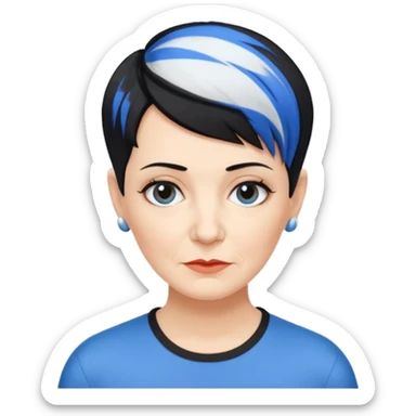 reife frau, kein kind freche extreme schwarze Kurzhaarfrisur eine Seite wirklich fast keine Haare andere Seite mit blauer Strähne kurze Seite noch viel kürzer sticker