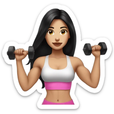 Beautiful woman, white skin, long straight black hair, brown eyes, pink full lips, lifting weights  sticker