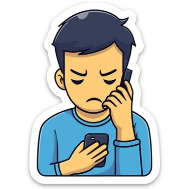 man with shameful expression looking at his smartphone sticker