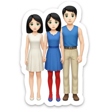 prince, standing upright, black Hair, blue eyes, garment,  woman, bending knee, white sleveless dress, blonde hair, green eyes, sticker