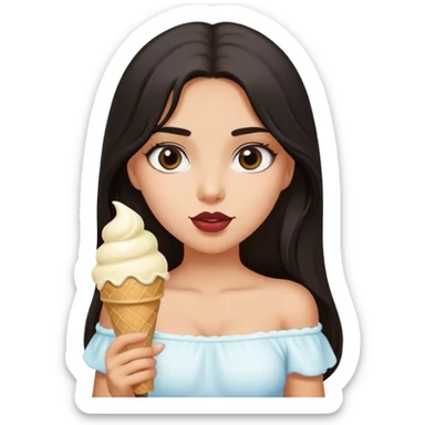Latina girl with dark long hair and dark eyes wearing white off shoulder top with ice cream cone  sticker