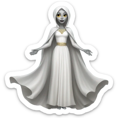 a gray alien woman, full body, in white Romanov dress sticker