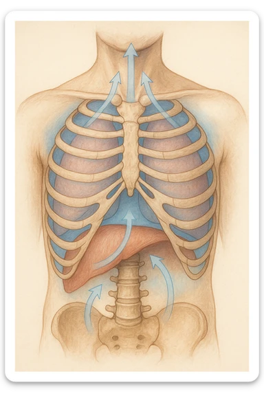 A realistic, high-quality anatomical illustration showing a human torso with visible rib cage and diaphragm. The ribs are shown in a decompressed, expanded state, allowing full lung expansion, while the diaphragm is depicted as relaxed and lowered, indicating deep, efficient breathing. Soft blue and warm tones highlight airflow and lung capacity, with light arrows illustrating the air movement during diaphragmatic breathing. The image conveys a sense of calm, openness, and optimal breathing mechanics, useful for physiotherapy, breathing education, and osteopathic learning contexts realistica sticker
