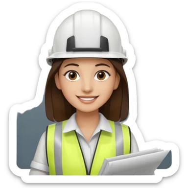 Arquitecta ojos marrones oscuros pestañas piel oliva pelo marron por los hombros sonrie casco blanco chaleco reflectante y material de dibujo técnico sticker