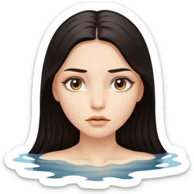 Woman submerged in black water, wet skin and eyes above surface, silent invitation sticker