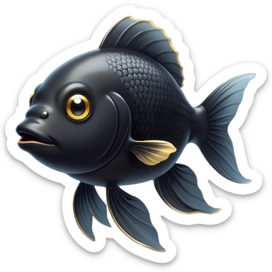 Cinematic Noble Black Goldfish Portrait Emoji, Poised and regal, with a sleek, streamlined build and a lustrous, deep black body, deep-set soulful golden eyes, Simplified yet sharp and sophisticated features, highly detailed, glowing with a soft, dignified glow, high shine, intelligent and graceful, stylized with an air of aquatic elegance, focused and attentive, soft glowing outline, capturing the essence of a watchful and confident aquatic companion, so majestic it feels as though it could glide out of the screen with effortless authority! sticker