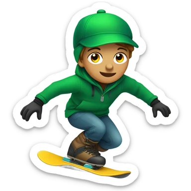 boy in green baseball cap snowboarding  sticker