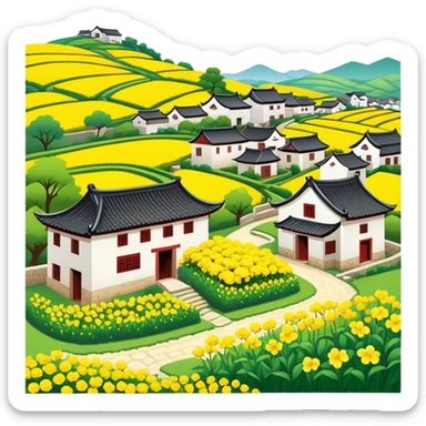 Wuyuan countryside spring flowers and traditional houses Jiangxi, simplified emoji style with bold outlines and bright colors, cartoon style rural village with yellow rapeseed flowers sticker