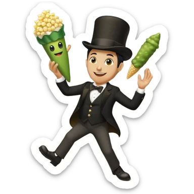Popcorn cone traffic man dancing 3 legs 2 on the floor his 3rd arm is holding his 3rd leg and 1 pickle dipped in ranch on his black top hat sticker