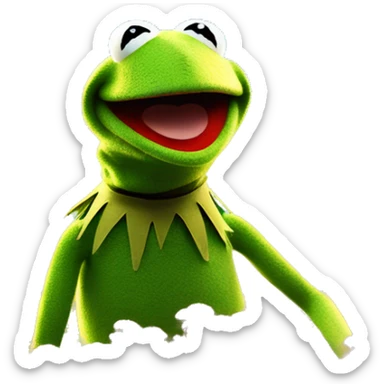 Kermit the frog, happy, light, surrounded by a blue sky on a flower field. a beautiful light theater stage cinematic lighting, Ultra 4k HD, illuminated by irridescent moss sticker