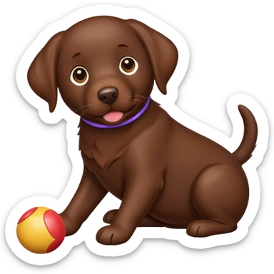 Chocolate Labrador plays with a toy sticker