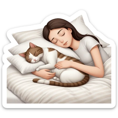 side view Brunette teenage girl sleeping with white cat that has beige stripes on a white pillow with white sheets sticker