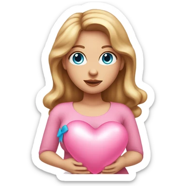 White pregnant lady, with Long Light Brown hair and blue eyes. She is wearing a tight pink dress and a bow,  standing and holding two pink heart balloons. sticker