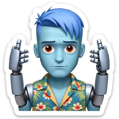 Franky with blue hair, metal nose, Hawaiian shirt, robotic arms sticker