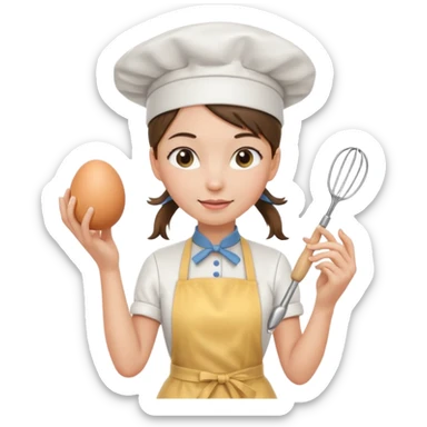 Young female pastry chef - ponytail, apron, wearing a white hat, holding an egg beater in her right hand
 sticker