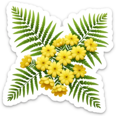 Cinematic Realistic Acacia Emoji, Bright and cheerful, with clusters of fluffy yellow flowers blooming along delicate branches. The wattle’s soft, fern-like leaves sway in the breeze, radiating a sense of warmth and joy. Soft glowing outline, capturing the essence of Australian sunshine, warmth, and beauty in a vibrant acacia tree! sticker