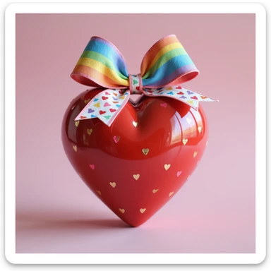 realistic heart with a rainbow bow decorated with heart pattern on the bow, photorealistic style sticker