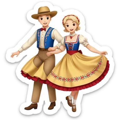 Cinematic Realistic scene of two square dancers in traditional American folk costumes, captured in joyful, coordinated motion with vibrant, rustic lighting that highlights their cultural heritage sticker