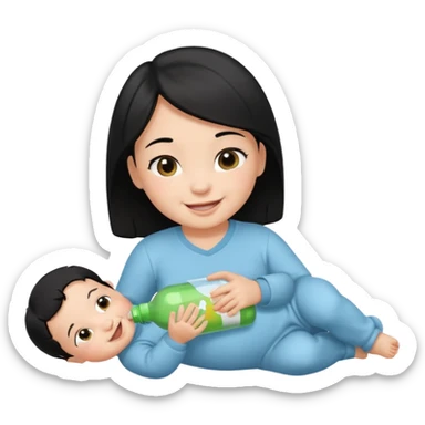 A baby with black hair holding a bottle while laying down sticker