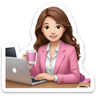 smiling woman with long wavy brown hair, pink blazer, white top, holding coffee and working on laptop — cozy home office background sticker