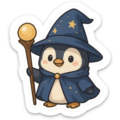 a penguin dressed as a wizard, with a pointy hat and a magic staff, in a fun and whimsical style sticker