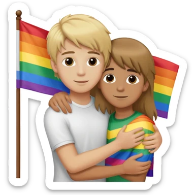 un garçon blond cheveux long qui embrasse un garçon brun cheveux long avec un drapeau lgbt sticker