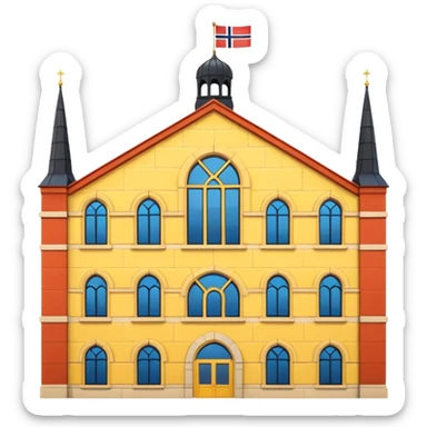 Norwegian Parliament building Stortinget, cartoonish, yellow brickwork, arched windows, Norwegian flag on top, emoji style sticker