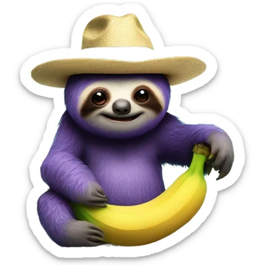 Purple sloth sitting on a banana tree wearing a bowler hat that is turquoise with an evil smile  sticker