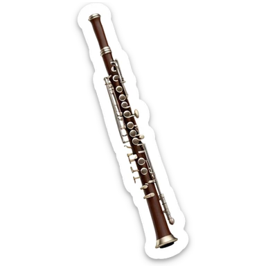 Cinematic Realistic Oboe, slender and elegant dark wood body, silver-plated keys catching soft highlights, delicate reed resting at the top, glowing with refined and classical beauty. sticker