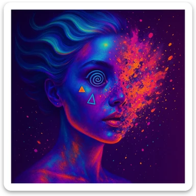 surreal neon portrait, skin in vibrant palette, face partially dissolving in colorful explosion, airbrush technique, hair as swirling liquid streams like northern lights, spiral eyes, geometric elements on face, paint particles flying, acid purple, turquoise, electric pink, sense of transformation sticker
