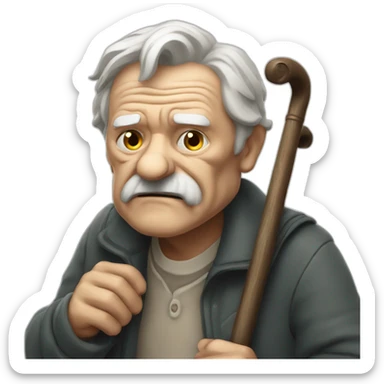 Old man leaning on a walking cane and holding his crancky back with his hand, grumpy face, detailed sticker