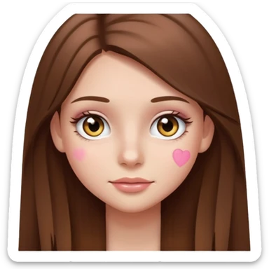teenage girl with straighter long brown hair, hazel eyes, wearing blush and mascara, emoji style sticker
