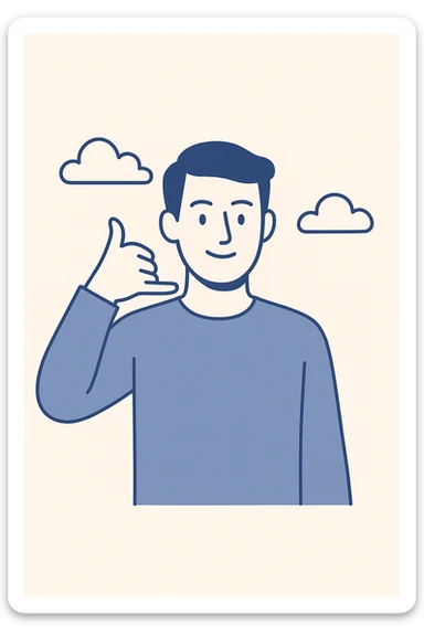man making phone call gesture, arm extended sideways, thumb and pinky finger forming phone sign, simple background, modern and clear style sticker