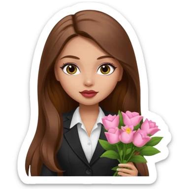corporate pretty bratz baddie, long brown hair holding flowers sticker