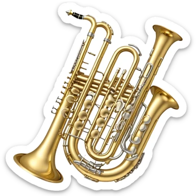 Create a complex, festive, and professional emblem-like emoji representing wind instruments. The design should resemble a heraldic crest, featuring iconic brass and woodwind instruments such as a trumpet, saxophone, clarinet, flute, trombone, and tuba, symmetrically arranged in a balanced composition. A flowing ribbon of musical notes should elegantly weave around the instruments, intertwining with their curves, bells, and mouthpieces, creating a dynamic and harmonious effect. The instruments should have rich metallic tones—gold for brass and silver for woodwinds—with polished highlights and intricate details on the keys and valves. Decorative elements such as elegant scrollwork, laurels, or subtle engravings should enhance the grandeur of the design, making it look celebratory and prestigious. The overall composition should be visually complete, refined, and suitable as a standalone emblem. The background should be transparent. sticker