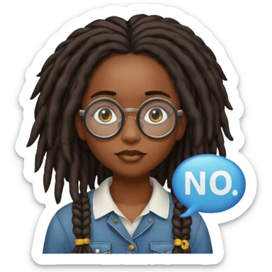 darker skin female with dark dreadlock hair wearing large round glasses with a word bubble that says no sticker