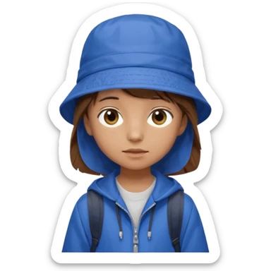 Little student, brown hair, wears blue bucket hat and jacket, backpack, shy sticker