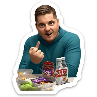 boy indoors with snacks sticker