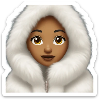 Tanned Girl with lashes ,  in an extremely big fluffy oversized white fur coat with hood on. The fur is real and it’s very obvious big and fluffy like in Pinterest  sticker