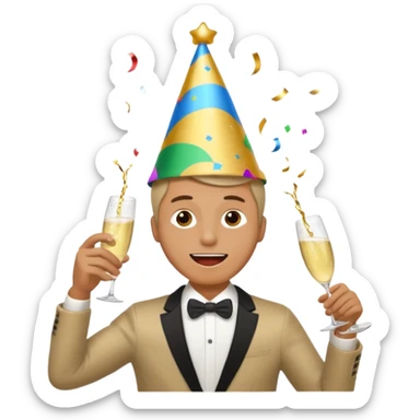 An energetic man throws his head back, drinking champagne loudly as the New Year begins. sticker